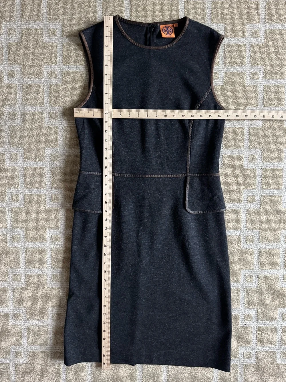 Tory Burch Wool Blend Peplum Sheath Dress Charcoal Distressed Trim Size Large